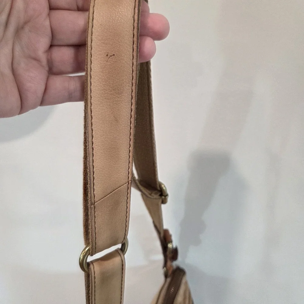 Fossil Tan Leather Crossbody Shoulder Bag Canvas Strap Key Charm Mul